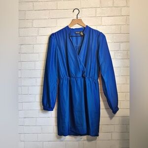 ALLOY Blue Shiny Deep V-Neck Sheath Midi Dress with Bishop Sleeves